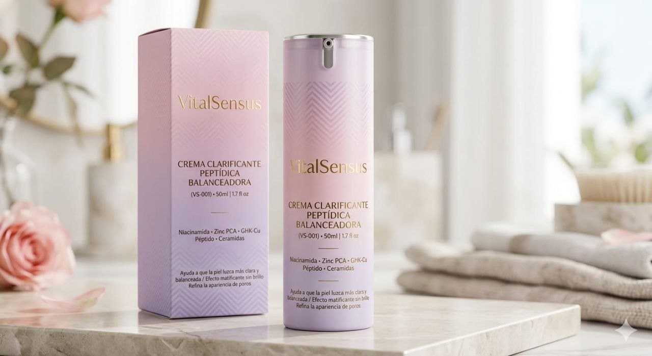 Crema Clarificante Peptídica Balanceadora VS-001 con caja de presentación sobre superficie de mármol