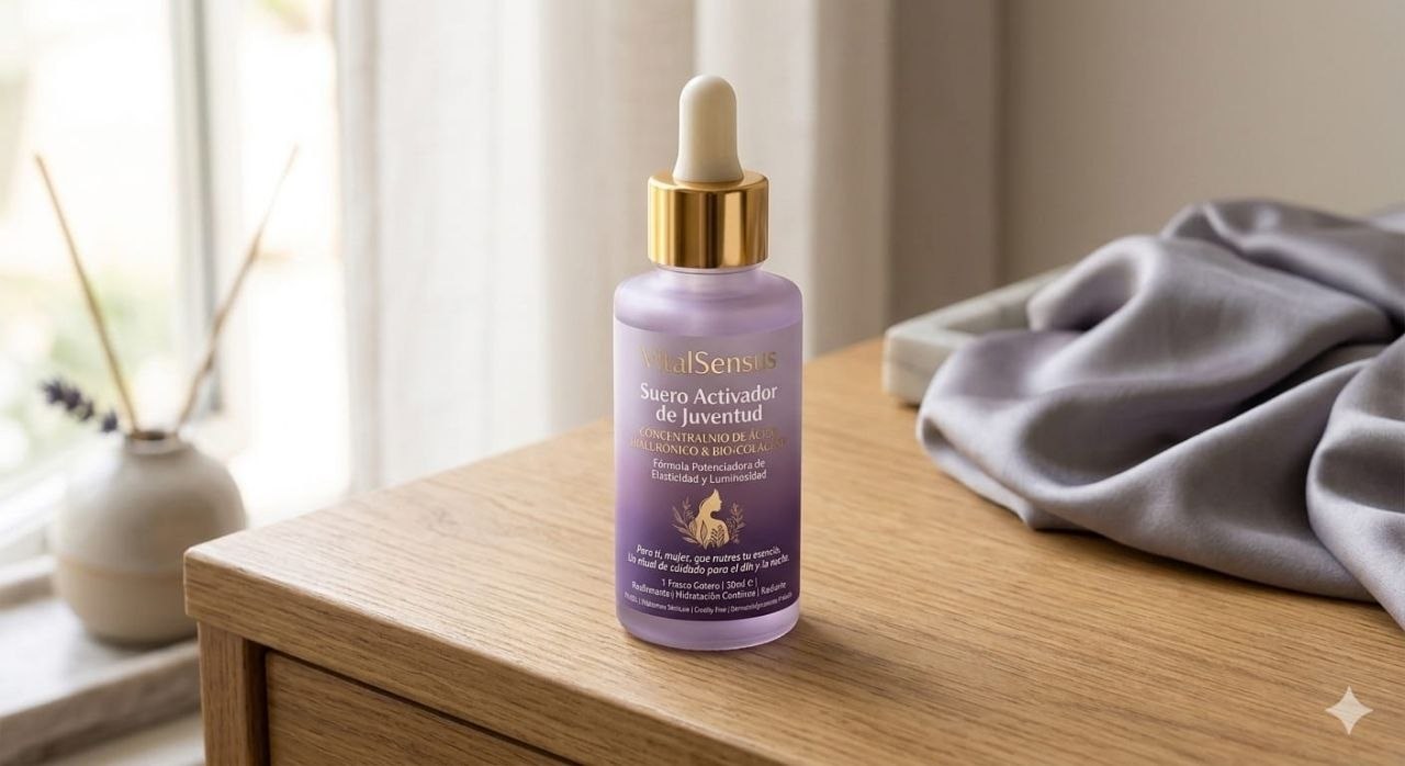 Suero Deep Collagen Power Boosting Serum VS-003 con concentrado de 9 péptidos junto a una ventana